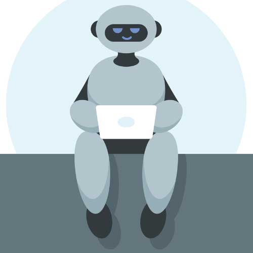  Ein freundlicher Roboter sitzt und arbeitet an einem Laptop, was die Verschmelzung von Künstlicher Intelligenz mit alltäglicher Technologie veranschaulicht.