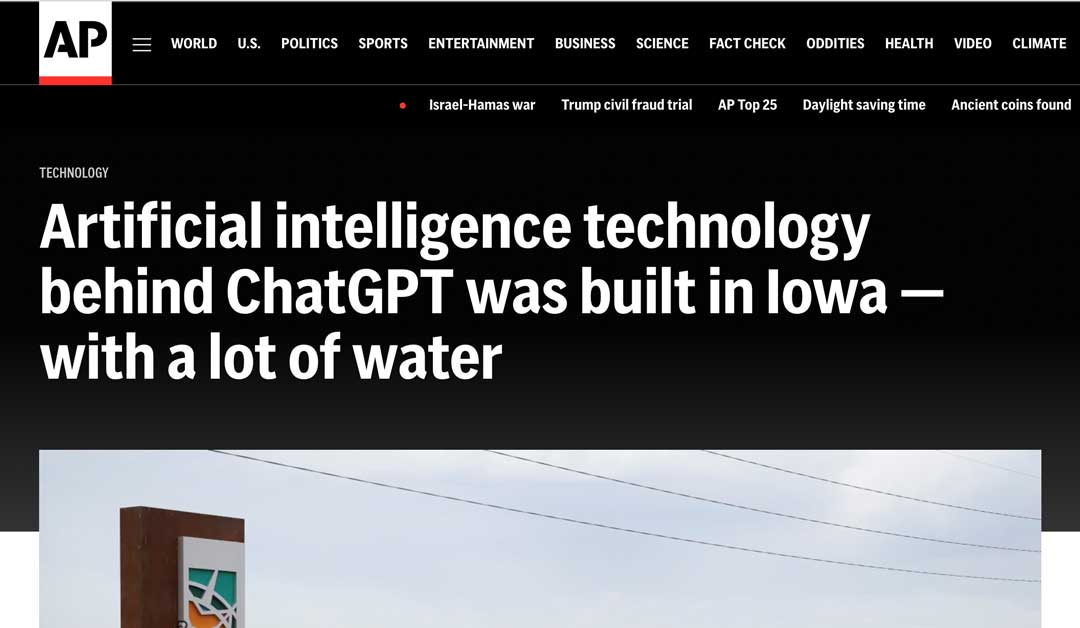 Screenshot of an AP news article discussing the environmental impact of AI technology, focusing on water usage.