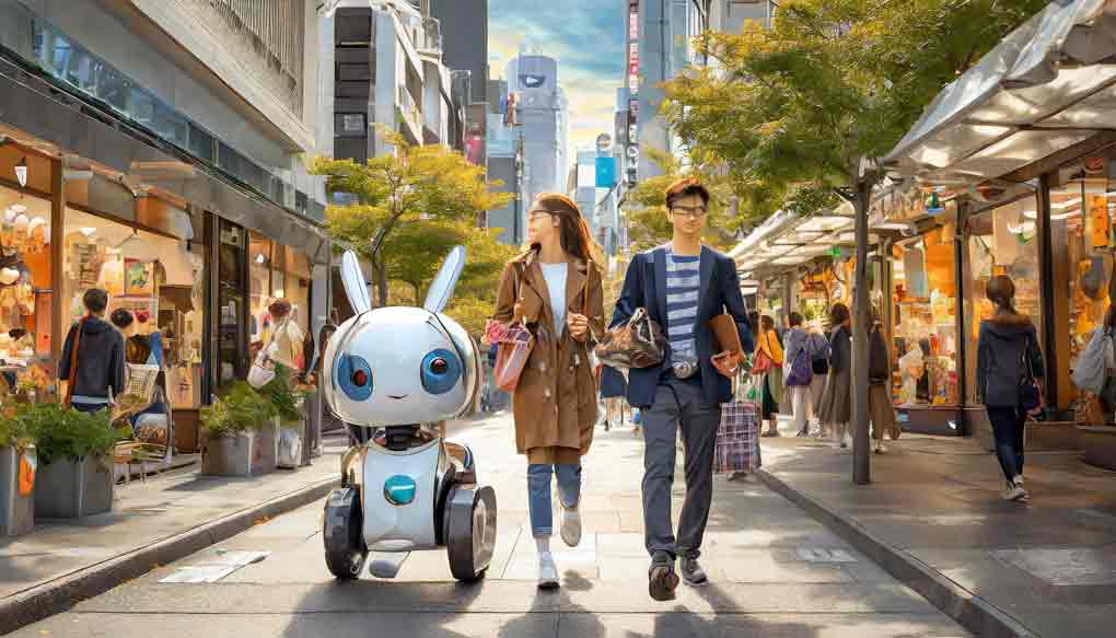 Einkaufsstraße in Tokyo, Paar neben dem ein niedlicher Roboter läuft.
